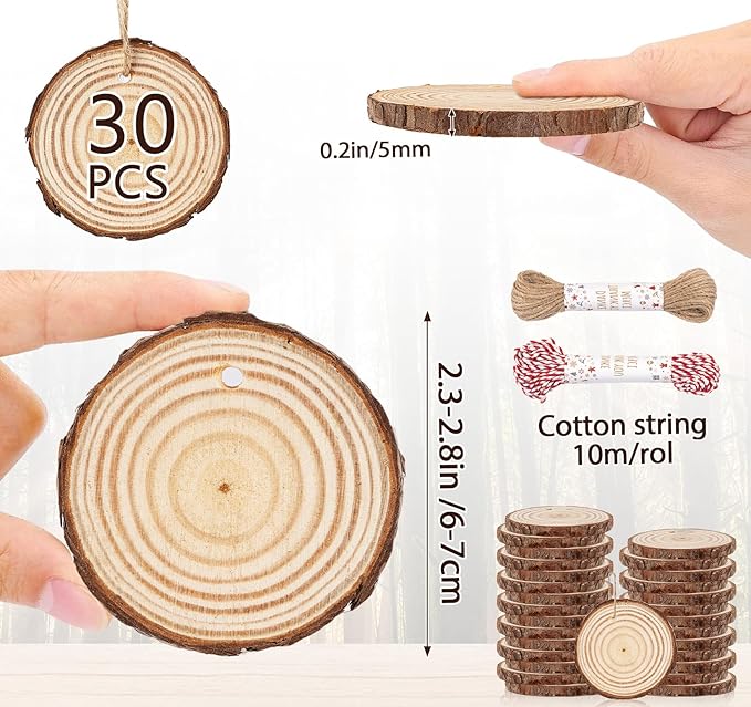 30 Pcs Wood Slices with Hole, 2.3-2.8 Inch Unfinished Wood, Wood Rounds for Crafts, Wood Crafts, Round Wood for Doodle, Splice, Paint, Art, Decorate, Ornament