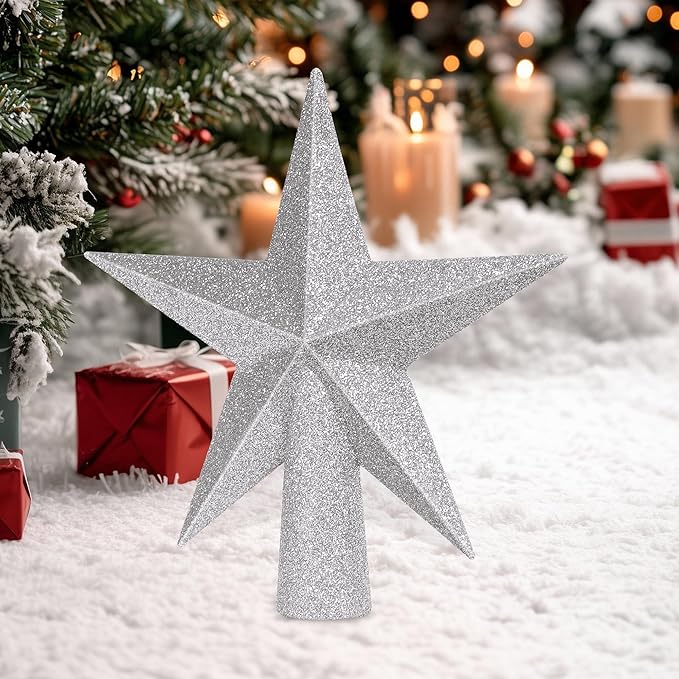 Tree Topper, 6" Silver Christmas Tree Topper with Glitter, 3D Bethlehem Star Xmas Tree Topper Decorations, Waterproof Shatter-Proof Tree Decoration for Christmas Holiday Home Indoor and Outdoor
