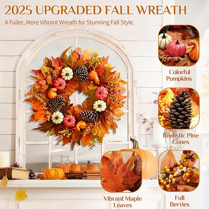 Fall Decor - Fall Wreaths for Front Door Outside, 2 Pack 20 Inch Fall Door Wreath, Handcrafted Autumn Wreath with Colorful Pumpkins Maple Leaves, Fall Decorations for Home Door Wall Thanksgiving Decor