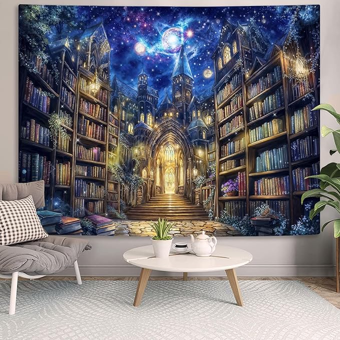 Accnicc Fantasy Bookshelf Tapestry Space Library Tapestries Wall Hanging Gothic Galaxy Castle Magic Book Large Tapestry for Bedroom Living Room Dorm Classroom 80 x 60 inch