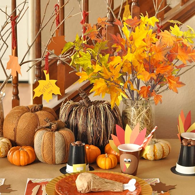 6Pcs Artificial Maple Leaves Branches Fake Fall Maple Shrubs for Thanksgiving Christmas Festival Garland Decoration