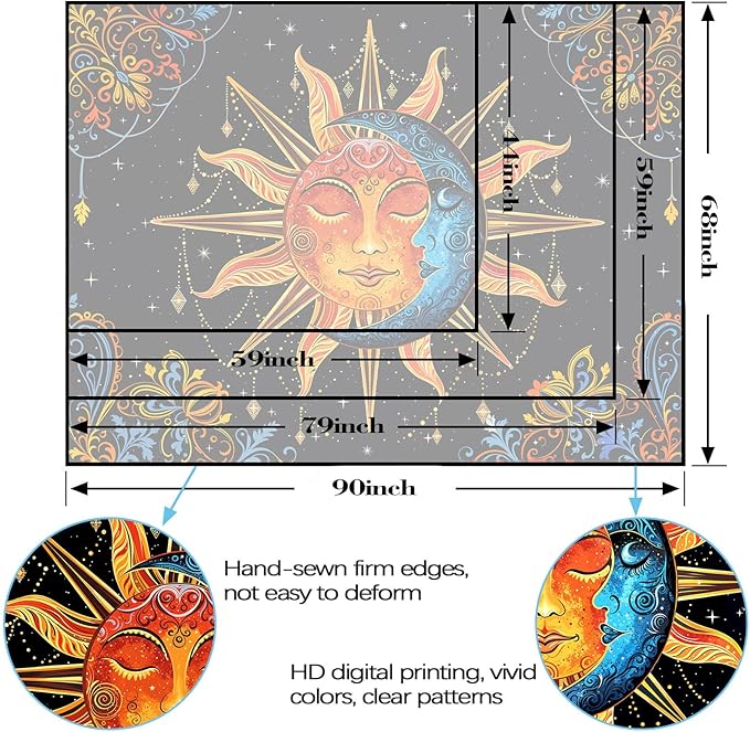 Lunerfex Sun and Moon Tapestry Mandala Wall Tapestry, Cute Tapestries for Bedroom Ceiling Tapestries Wall Hanging for Bedroom Living Room Decor Sun-1 44"x60"