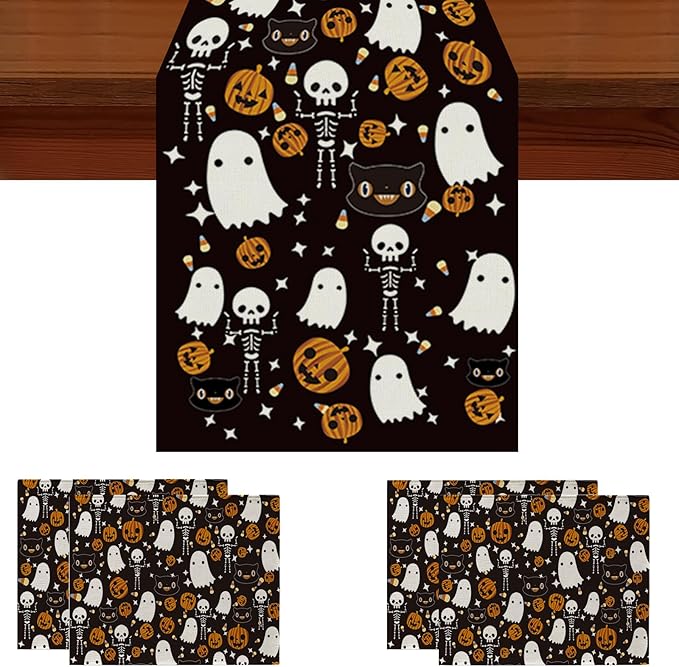 Halloween Table Runner and Placemats Set of 5, Halloween Ghost Funny Black Linen Seasonal Kitchen Dining Table Home Outdoor Party Decorations 13x72 Inch