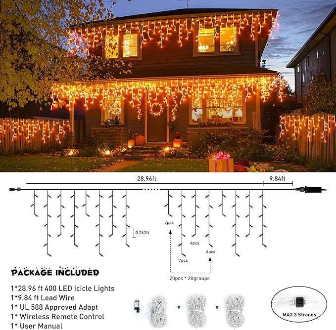 JMEXSUSS Orange Halloween Lights Outdoor, 38.8 FT 400 LED Orange Icicle Lights Outdoor Waterproof, 8 Modes String Light Plug in for Fireplace Tree Garden Patio Thanksgiving Fall Halloween Decor
