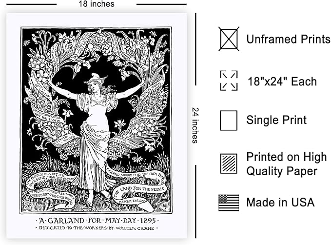 Poster Master Vintage Walter Crane Poster - Retro A Garland for May Day Print - Socialist Art - Gift for Him, Her, Men, Women - Wall Decor for Home, Office, Living Room, 18x24 Unframed Wall Art