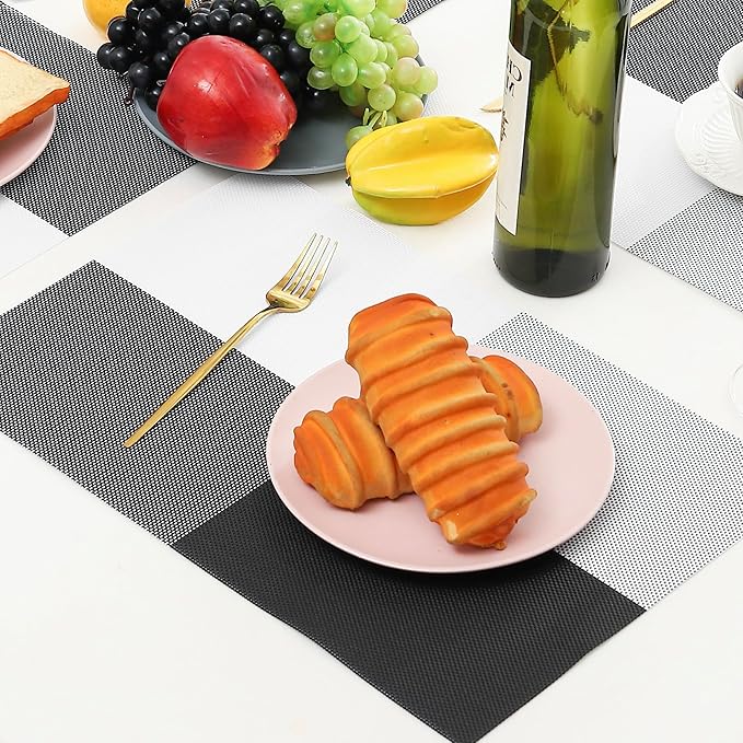 Leetaltree Gray with White Grid Pattern Placemats Set of 12 - Heat Resistant Non-Slip Place mats for Dining Table, Washable Durable PVC Vinyl Woven Table Mats（Grey Grid, 12）