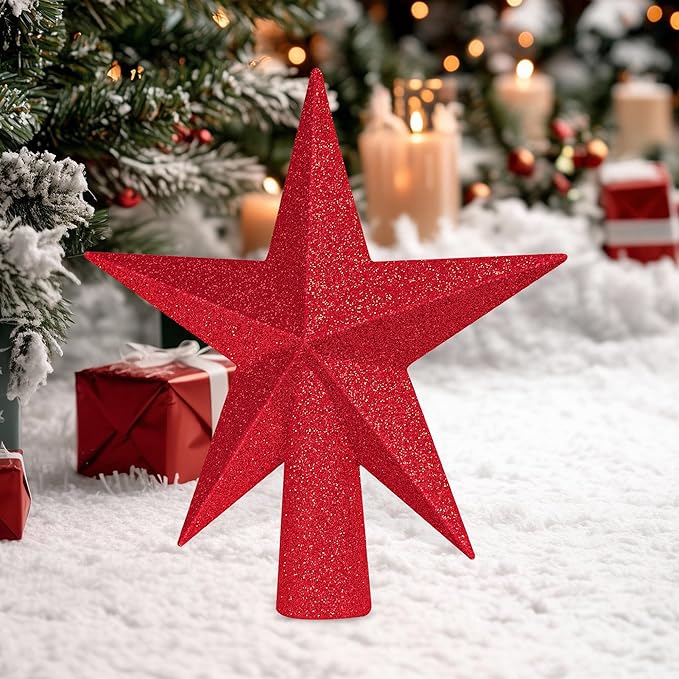 Star Tree Topper, 6" Red Christmas Tee Topper Decorations, Glitter 3D Xmas Bethlehem Star Waterproof Shatter-Proof, Christmas Tree Topper Ornament Decor for Christmas Holiday Party Indoor Outdoor Use