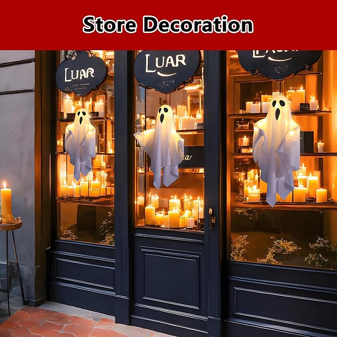 Halloween Light-up Ghost Decorations,Halloween Hanging Flying Ghosts with String Lights,Battery Operated Light up Spooky Ghosts Ornaments for Front Yard, Patio, Lawn, Garden, Party, 19.6 Inch, 2 Pack
