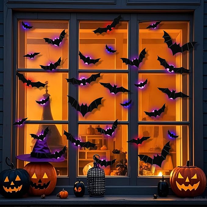 DR.DUDU 36 Pack Halloween Bats Wall Decor – Lighted 3D Bat Stickers Assorted Size for Halloween Party, Bedroom Window Decorations, Indoor and Outdoor Home Decals