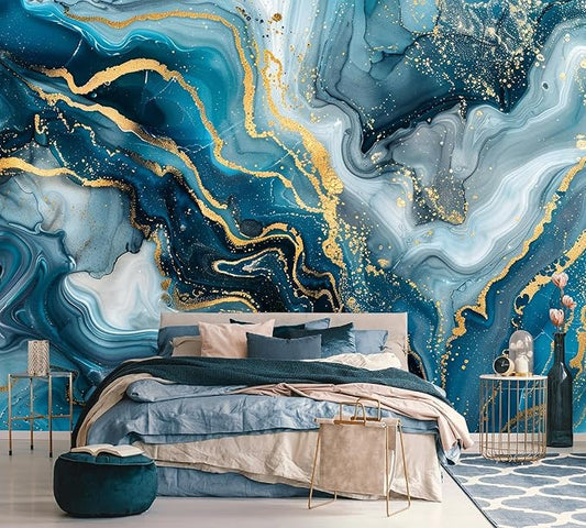 AFZEVEB-Blue and Gold Marble Wallpaper Abstract Art Wall murals for Bedroom 136"x96" (Not Peel and Stick)