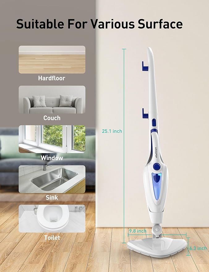 12-in-1 Steam Mop, Fast 15-Sec Heat-Up, 1500W Detachable Handheld Steam Cleaner with 2 Dirt Grip Pads, Removes 99.99% Stubborn Stains for Hardwood Floors, Clothes, Windows, Tiles, Furniture, Blue