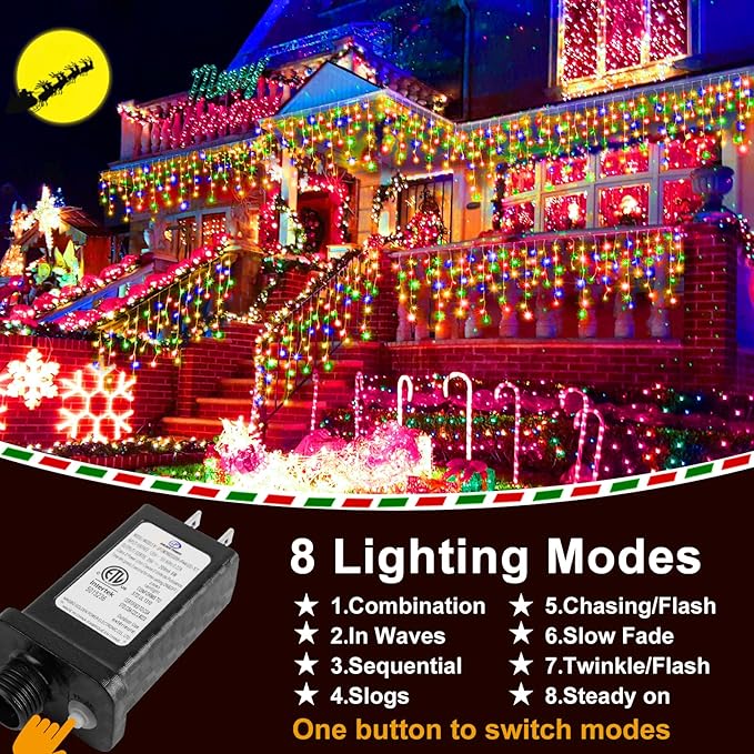 KNONEW 99ft 960 LED Christmas Lights Outdoor Decorations with 180 Drops, 8 Modes Curtain Fairy Light, Clear Wire LED String Light Indoor Decor for Wedding Party Christmas(Multicolor)