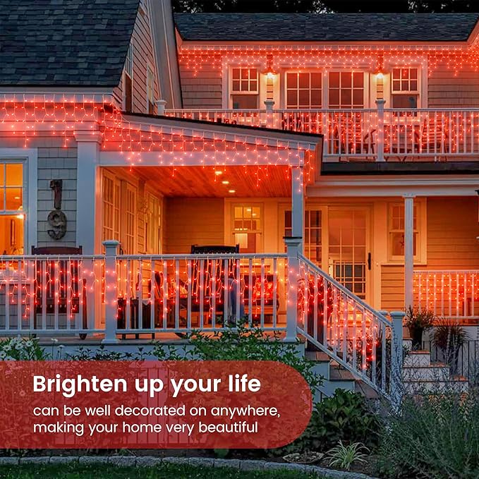 Hopolon 33FT 360L LED Icicle String Lights - Outdoor, Waterproof, 8 Modes, With 60 Drops - Curtain Lights for Indoor/Outdoor Decorations (Red)