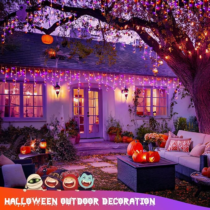 JMEXSUSS 400 LED Orange and Purple Halloween Lights Outdoor, 38.8 FT Orange and Purple Icicle Light Outdoor Waterproof, 8 Modes Halloween Lights Plug in for House Christmas Party Decorations