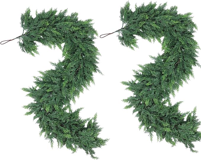Hananona 6 FT 2 Pcs Artificial Cedar Garlands, Real Touch Winter Cedar Garland, Green Artificial Greenery Pine Garland for Table, Mantle, Wall, Indoor, Outdoor Christmas Decorations (2, 6 FT)