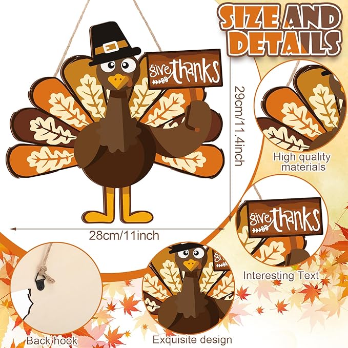 Jetec Happy Thanksgiving Turkey Door Sign Decor Wooden Turkey Sign Wall Art Hanging Rustic Plaque for Autumn Thanksgiving Day Front Door Home Decoration (Classic)