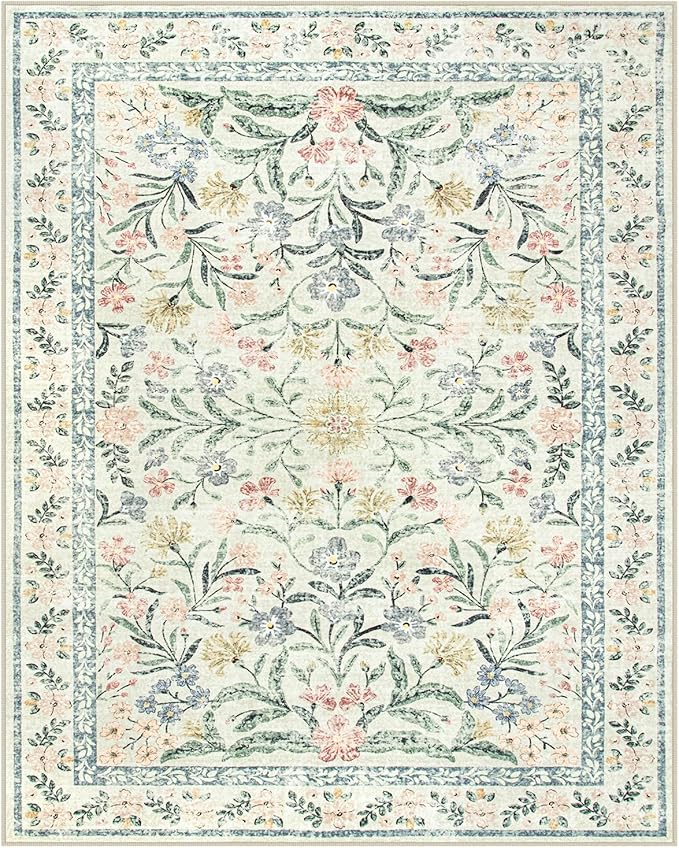 Wonnitar Large Washable 8x10 Rug, Boho Living Room Rug 8 x 10, Soft Floral Carpet for Bedroom Non Slip, Indoor Soft Beige Carpets for Dining Room Apartment Office