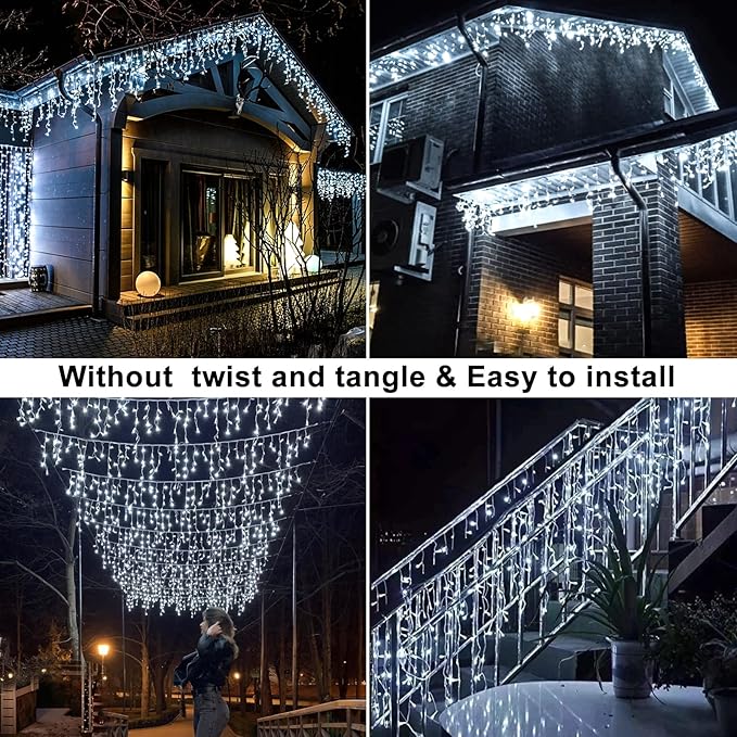 99ft 1216 LED Icicle Christmas Lights Outdoor - 8 Modes Icicle Lights with 228 Drops, Waterproof Plug in Fairy Curtain Light with Timer Memory for Party Holiday Wedding Decorations, Cool White
