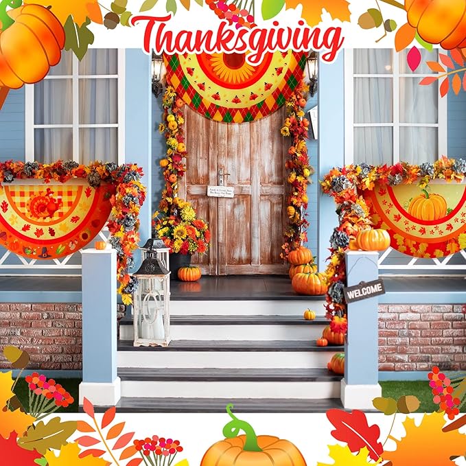 Breling 4 Pcs 1.5 x 3 Feet Fall Bunting Outdoor Flag for Outside Thanksgiving Pleated Fan Flag Pumpkin Turkey Yard Fall Hanging Banner Flag with Canvas Header and Metal Grommet for Holiday Decor