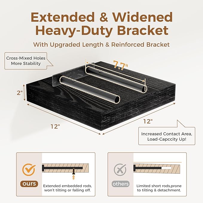 Fun Memories 12 Inch Floating Shelf, Rustic Wood Wall Shelves for Wall Decor & Storage, 12 x 12 Floating Shelf for Living Room, Bathroom, Bedroom, Black, Set of 2