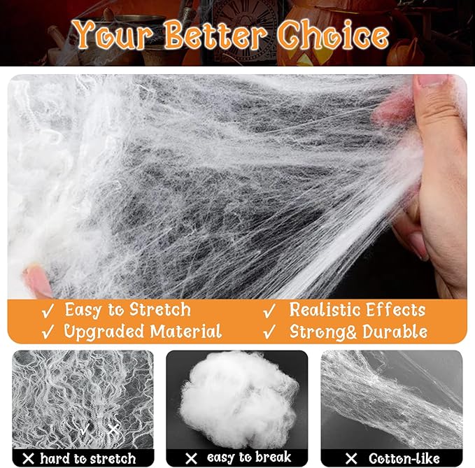 600 sqft Spider Web Halloween Decorations With 20 Fake Spiders - Super Stretch Cobwebs for Party Decor and Supplies