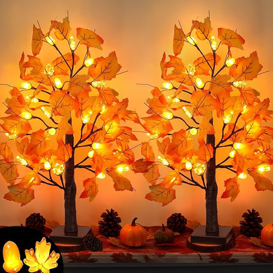 2 Pack 24 Inch Prelit Fall Maple Tree Fall Decorations for Home with 48 LEDs Battery Operated Timer Lighted Acorn Maple Tabletop Light Up Tree for Office Fall Decor Thanksgiving Decorations Indoor