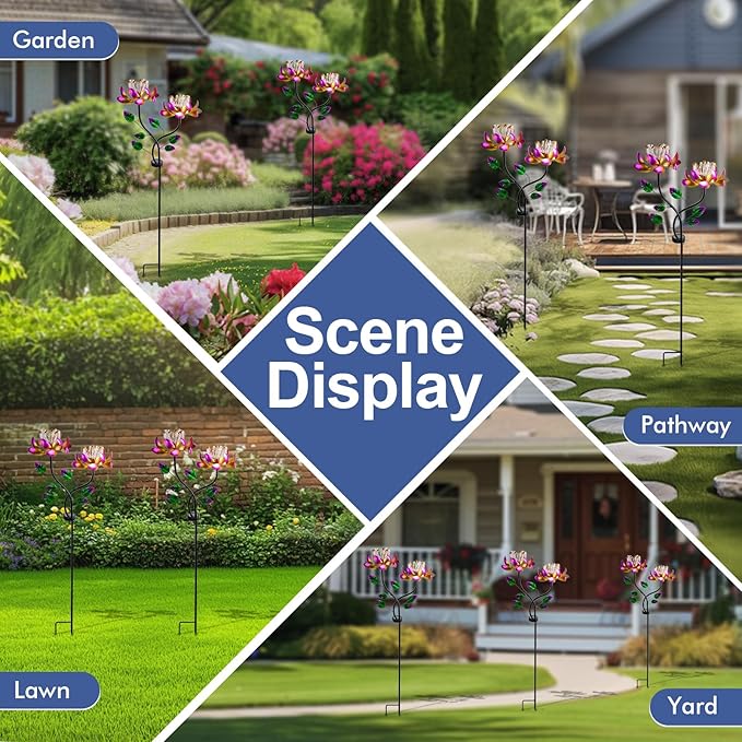 Solar Wind Spinners Pink Twin Flowers for Yard and Garden, Solar Windmill Garden Whirligig Kinetic Spinners Decor for Lawn, Patio, Yard, Metal Wind Outdoor Sculpture