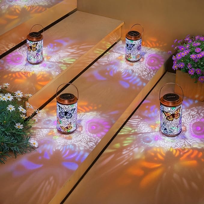 2Pack Solar Lanterns Outdoor Waterproof Colorful Butterfly Garden Gifts for Women, Multicolor Solar Outside Lights Patio Lantern for Yard, Backyard, Porch, Mothers Day Gifts for Mom Grandma Wife