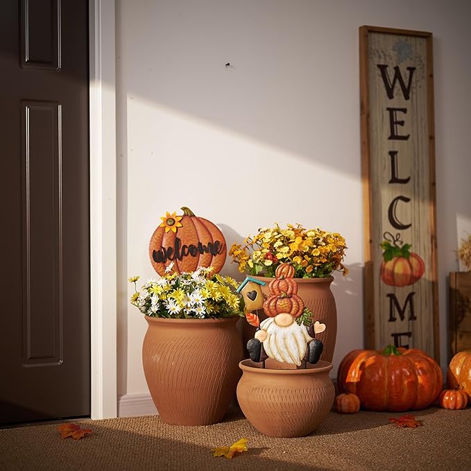 TERESA'S COLLECTIONS Fall Gnome Pumpkin Decorations for Outdoor Home, Metal Fall Decor Welcome Signs Stakes, Orange Autumn Yard Decor for Thanksgiving, Harvest Garden Patio Gift for Mom 25"