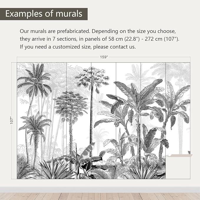 AFZEVEB-Black and White Jungle Wallpaper Hand-Painted Tree Wall murals for Bedroom 159"x107" (Not Peel and Stick)