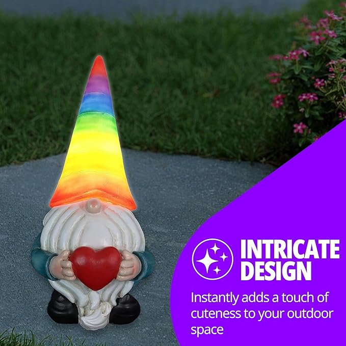 Exhart Garden Gnome, Solar Garden Gnome Statue with Heart, LED Rainbow Hat, Cute Outdoor Garden Decoration, 6 x 12.5 Inch, Multicolor, Resin