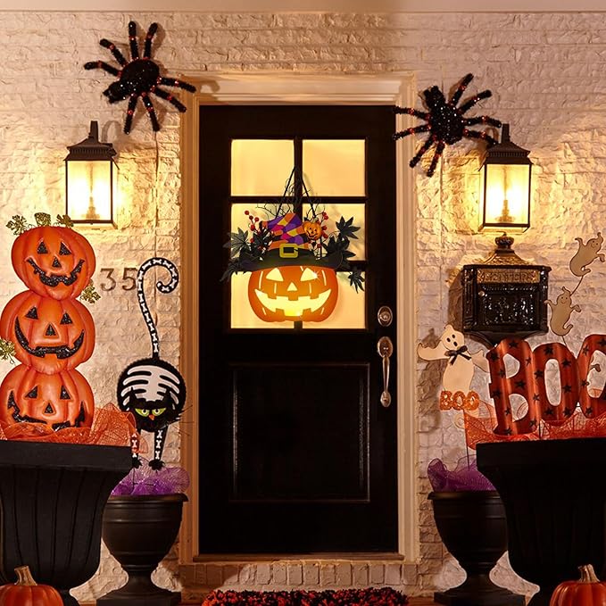 Halloween Pumpkin Decorations, Lighted Jack-O-Lantern with Maple Leaves Berries Witch's Hat, Halloween Wreaths Door Sign Wood Pumpkin for Front Door Indoor Outdoor Yard Party Cartoon Hanger Decor