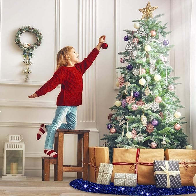 MODFUNS Blue Christmas Tree Skirt 46 Inches Sequin Xmas Tree Skirt Sparkly Tree Mat Round Velvet Tree Skirts Christmas Ornaments Halloween Tree Cover Skirt for Family Embroidery Metallic Tree Base Mat