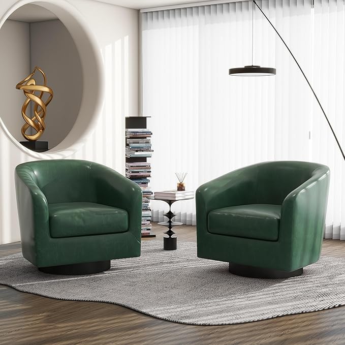 Swivel Barrel Accent Chair, Modern Round Faux Leather Arm Chair for Living Room, Bedroom, Comfy Club Reading Chairs for Adults(Faux Leather, Green, Set of 1)