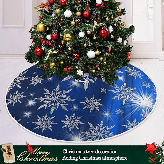 Christmas Blue Snowflakes Background Tree Skirt, Seasonal Tree Mat Holiday Party Supplies Ornaments Indoor Outdoor Decorations for Tabletop Trees 35.4 Inches
