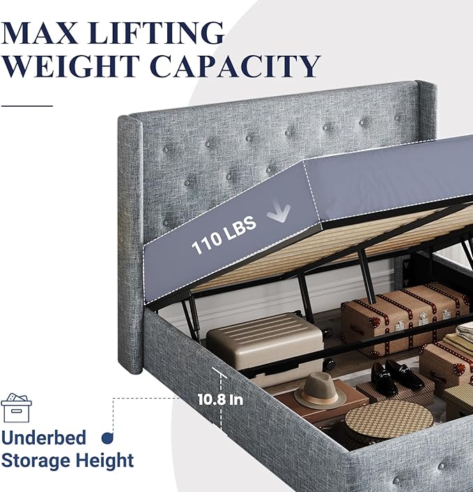 Allewie Full Size Lift Up Storage Bed, Button Tufted Headboard with Wingback, Hydraulic Support, No Box Spring Needed, Grey Blue