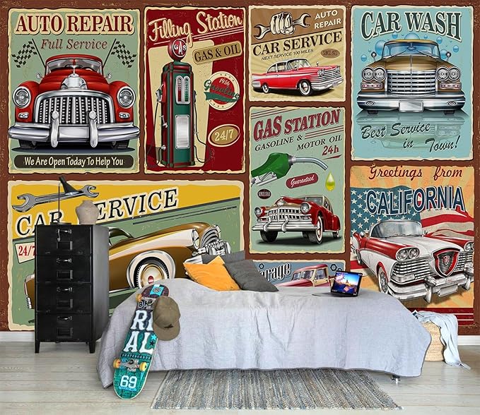 AFZEVEB-Car Poster Wallpaper Vintage Wall murals for Bedroom 136"x96" (Not Peel and Stick)