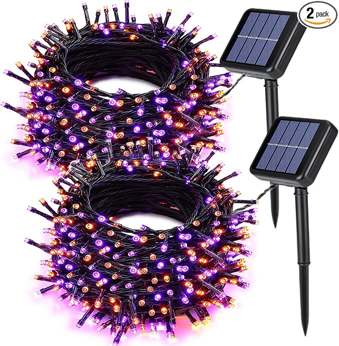 Joomer 2 Pack Orange Purple Halloween Solar String Lights Total 144 FT 400 LED 8 Modes Waterproof Solar Halloween Lights Outdoor for Halloween Decorations