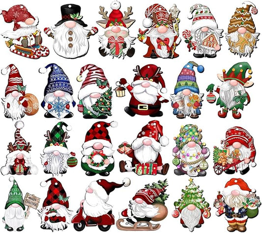 24 Wooden Gnome Ornaments for Christmas Tree, Party Decorating Supplies