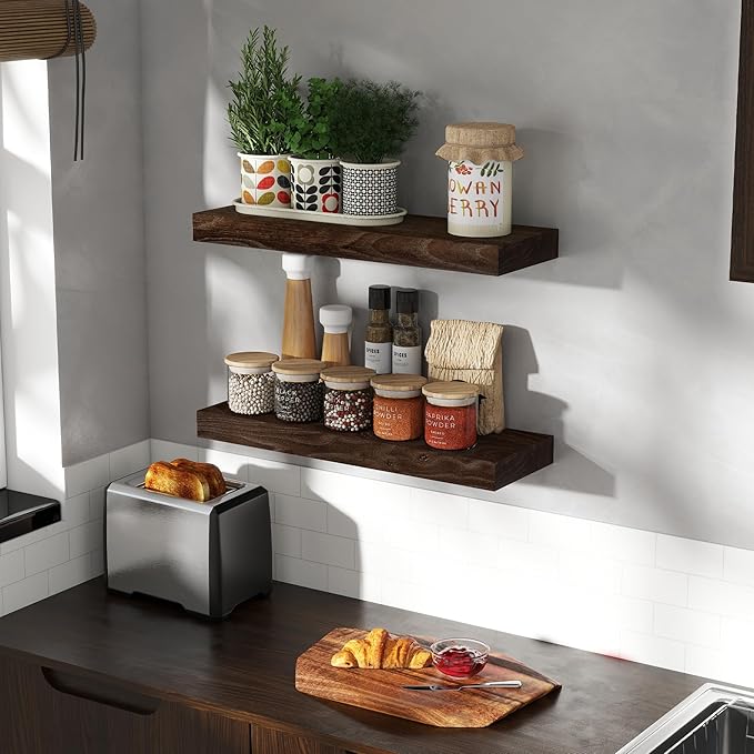 Wood Floating Shelves for Wall, 24" Floating Shelves Wall Mounted, Rustic Old Elm Wood Shelves for Home Decor, Heavy-Duty Storage Shelves for Books, Bathroom, Kitchen, Walnut Color, Set of 2