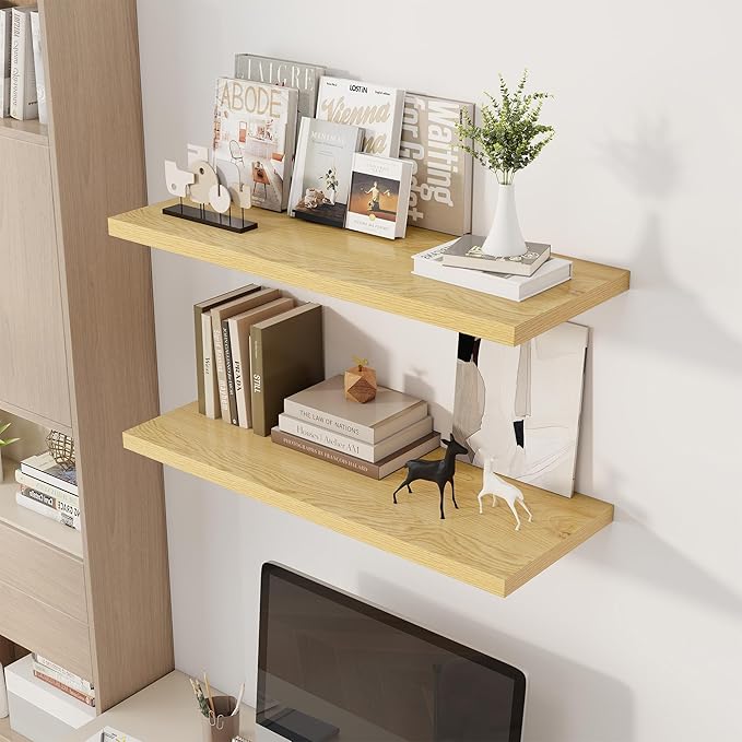 36" Floating Shelves for Wall, 12" Deep Slim Oak Floating Shelves, Wall-Mounted Shelves for Bedroom, Living Room, Kitchen, Bathroom - Set of 2