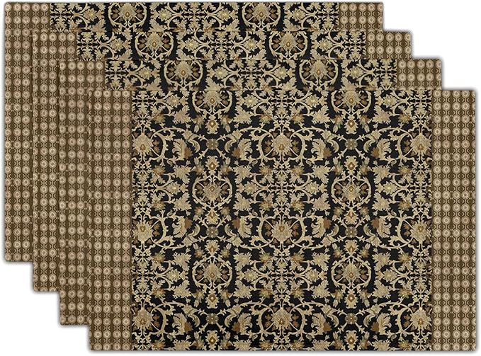 Brown Antique Placemats Set of 4 Vintage Floral Block Print Washable Non-Slip Heat Resistant Place Mats 12x18 Inch Retro Turkish Linen Table Mats for Kitchen Dining Party Decor