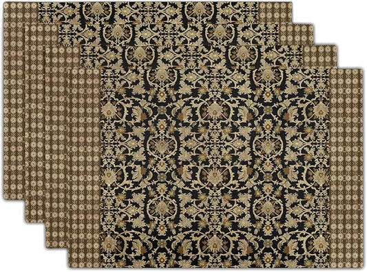 Brown Antique Placemats Set of 4 Vintage Floral Block Print Washable Non-Slip Heat Resistant Place Mats 12x18 Inch Retro Turkish Linen Table Mats for Kitchen Dining Party Decor