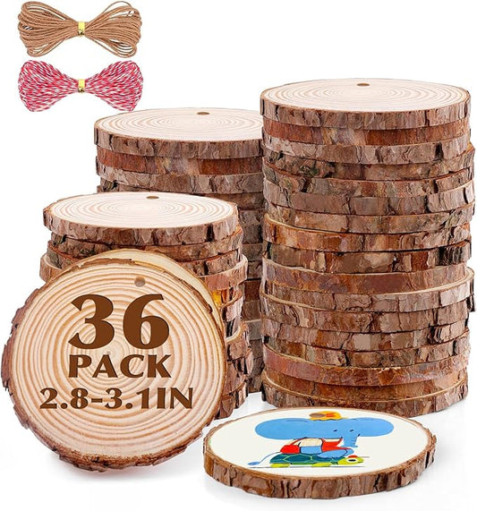 36 Pack Nature Wood Slices for Crafts,2.8-3.1In Unfinished Natural Wood Rounds.Wood Circles Predrilled with Hole and 20m Rope for Wooden Craft Supplies,Painting,Christmas Ornaments,DIY Gifts