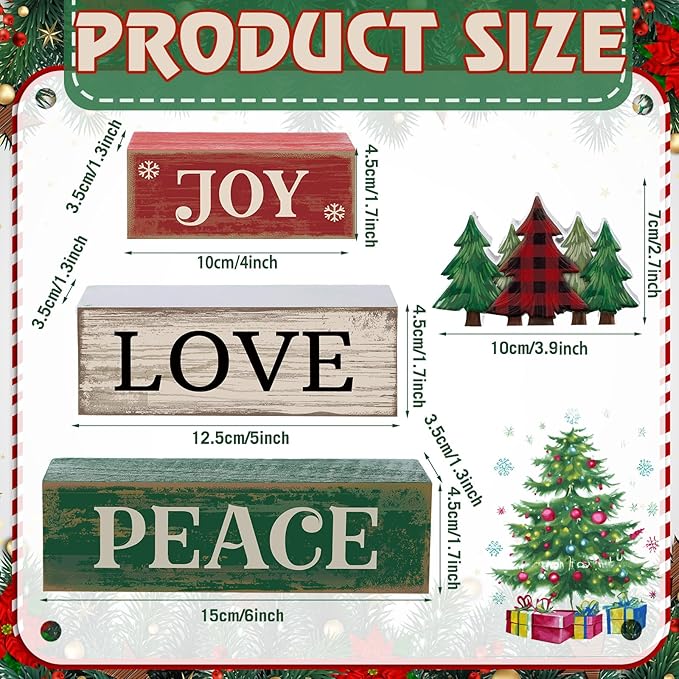 4 Pcs Christmas Table Decor Christmas Tree Centerpiece Joy Peace Love Sign Rustic Decorative Tree Block Signs Gift Winter Tiered Tray Decor Farmhouse for Home Xmas Party Kitchen Shelf