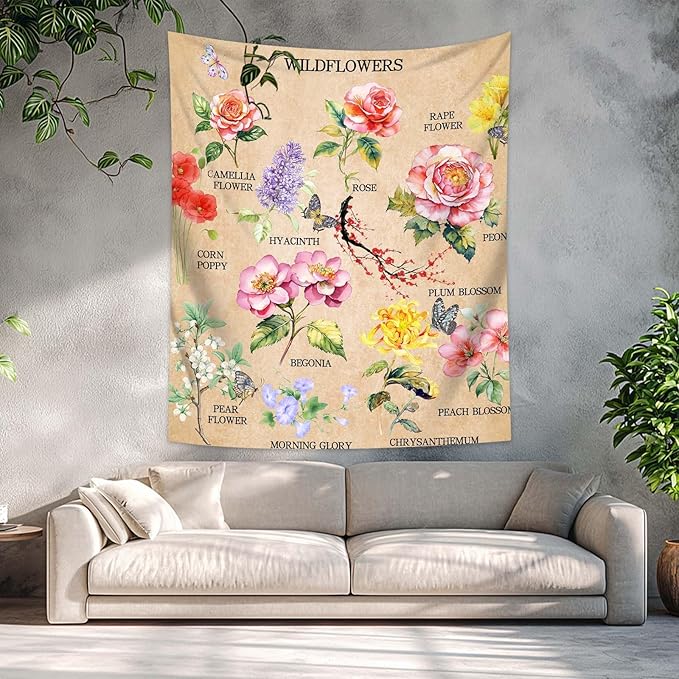 dueeia Vintage Floral Tapestry Wall Hanging Wildflowers Colourful Flower Boho Butterfly Tapestries for Bedroom Aesthetic Living Room Wall Decor (90.6"x70.9")