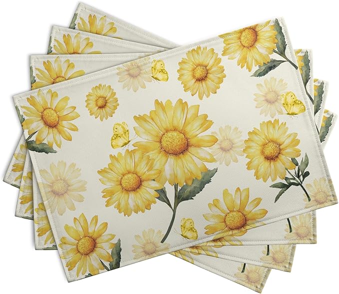 Sunflower Placemats Set of 4 Summer Yellow Floral Table Mat 12x18 Inch Farmhouse Daisy Flower Linen Fabric Place Mats for Party Kitchen Dining Outdoor Indoor Decor