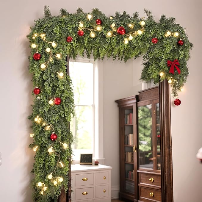 Real Touch Christmas Cedar Garland -9ft Artificial Garlands Faux Cedar Fake Pine Needles Garland for Fireplace,Table,Window,Stairs,Mante,Holiday Indoor Outdoor Xmas Decor(2PCS)