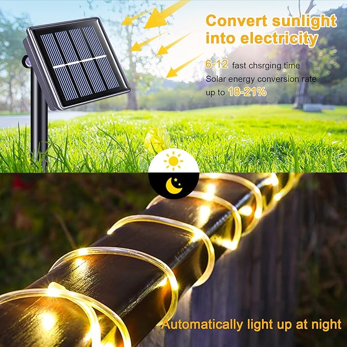JMEXSUSS 2 Pack 100 LED Solar Rope Lights,33ft 8 Modes Solar Rope Lights Outdoor Waterproof LED Solar Powered Rope Tube for Trampoline,Fence,Gazebo,Yard,Walkway,Path(Warm White)