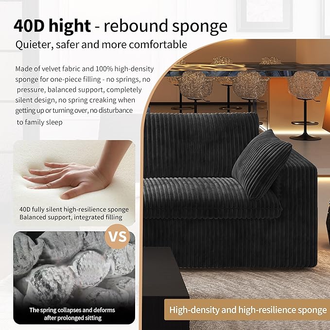157.5" L Shaped Modern Sofa Modular Sectional Cloud Couch with Ottoman,Deep Seat Upholstered Couches with Corduroy Fabric for Living Room Furniture,Bedroom and Apartment,No Assembly Required,Black